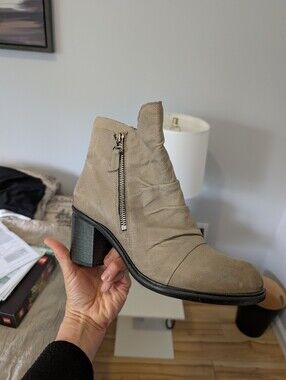 Miz Mooz Taupe Suede Side-Zip Block Heel Ankle Boot